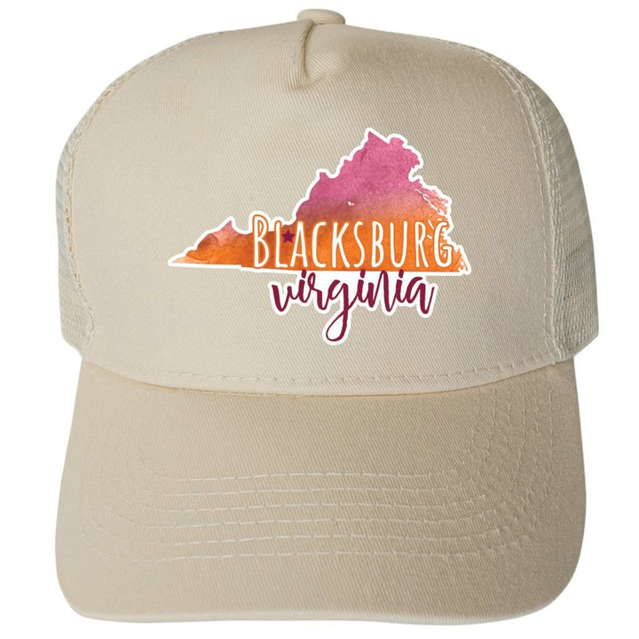 Blacksburg Virginia Watercolor State Design Unisex Mesh Back Trucker Hat with Adjustable Snapback Image 1