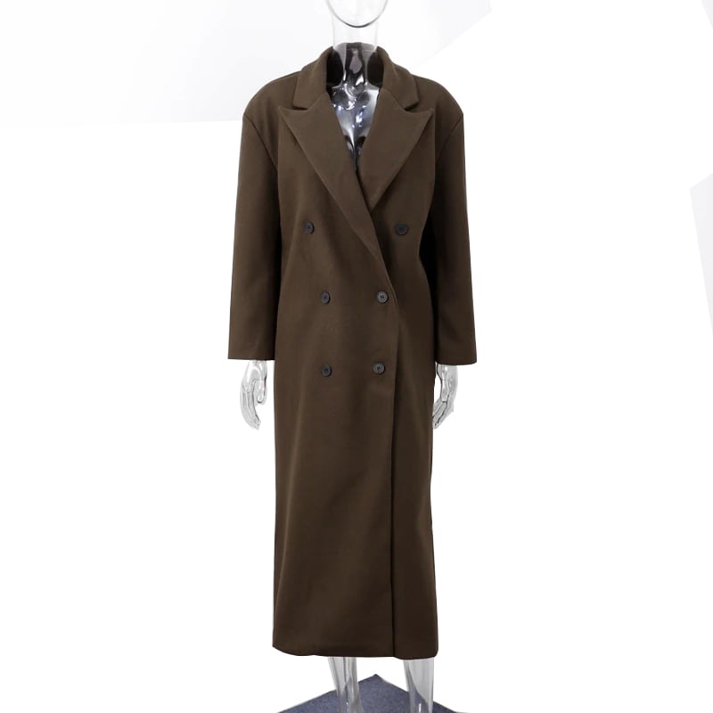 Womens Vintage Double-Breasted Long Coat - Loose Turn-down Collar Brown Winter Maxi Coat Image 9