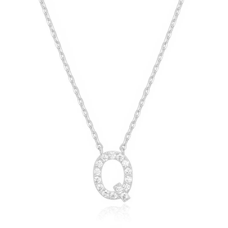 14k White Gold Created White Sapphire Initial Q Letter Pendant Necklace Plated Image 1