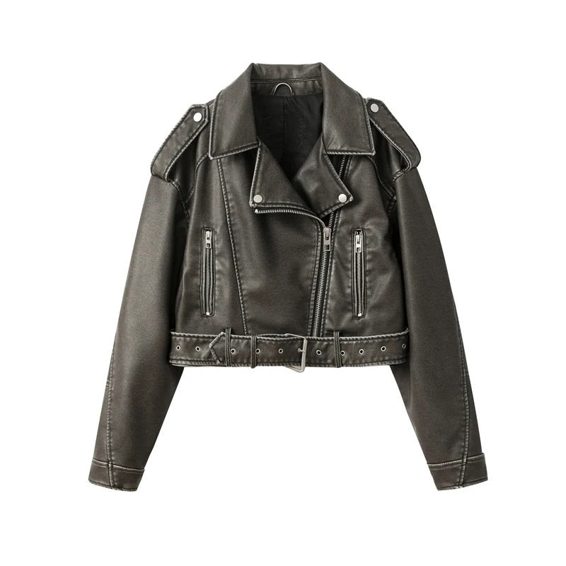 Womens Coal Gray Washed Leather Jacket with Belt - Short Vintage Lapel Coat Image 1