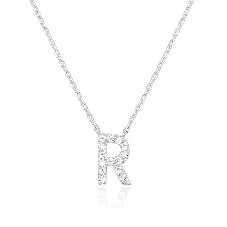 14k White Gold Created White Sapphire Initial R Letter Pendant Necklace Plated Image 1