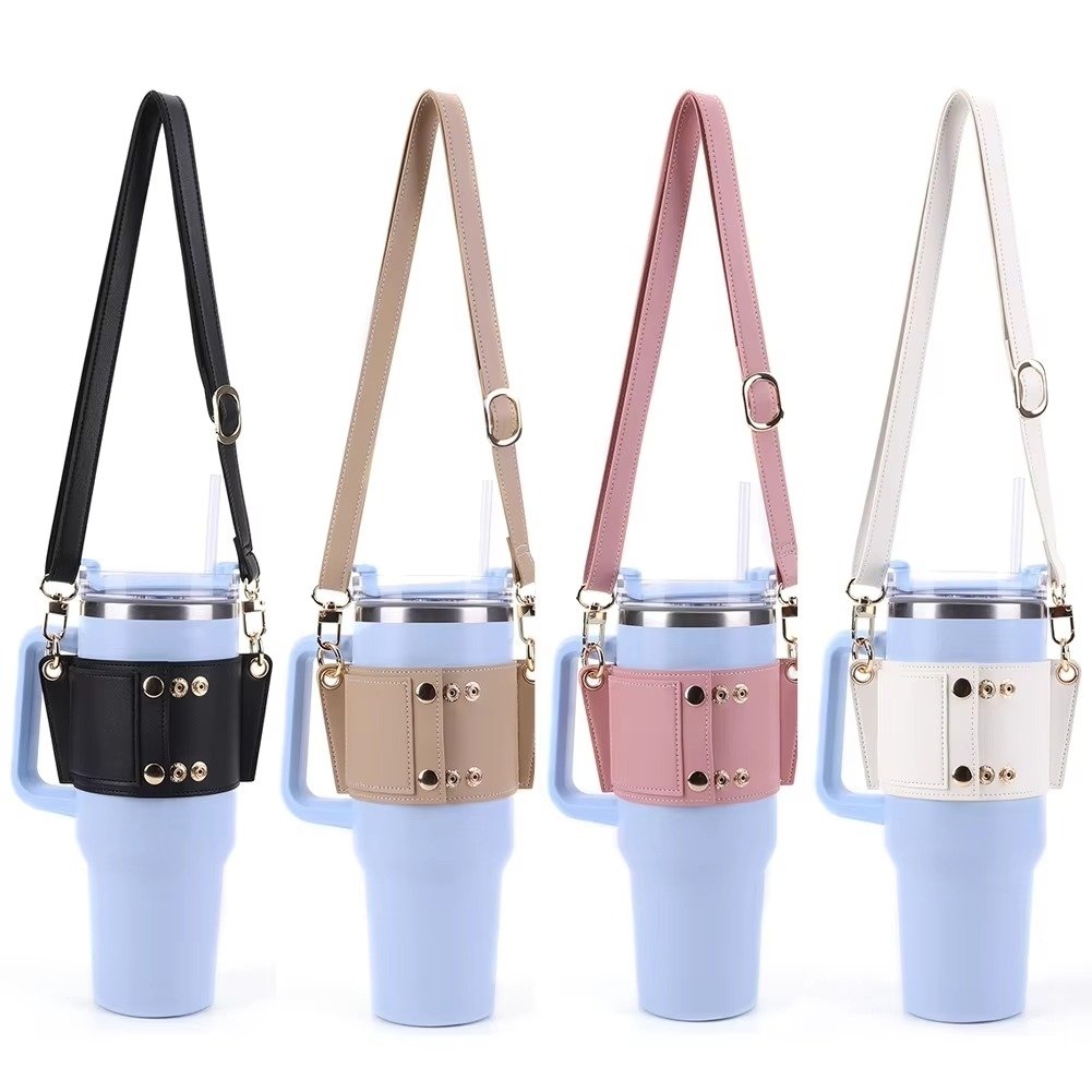 PU Leather Water Bottle Handle with Adjustable Strap 30-40oz Bottles Universal Travel Water Bottle Holder Sling Bag for Image 12