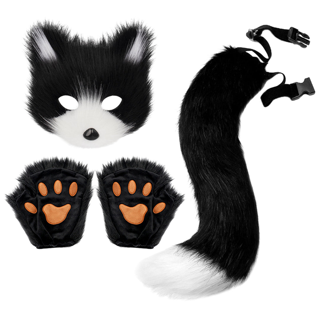 Fluffy faux Fox Tail Keychain Cat Paws Gloves And Wolf Therian Mask Set For Halloween Cosplay Costume Accessories Mask Image 1