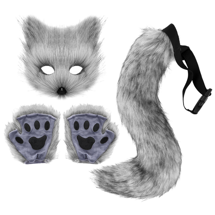 Fluffy faux Fox Tail Keychain Cat Paws Gloves And Wolf Therian Mask Set For Halloween Cosplay Costume Accessories Mask Image 2