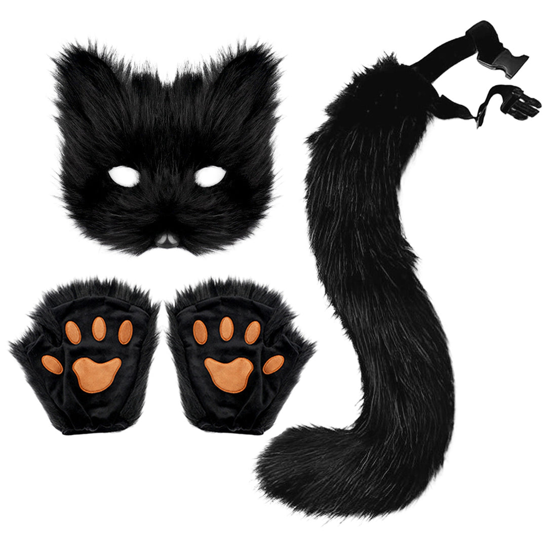 Fluffy faux Fox Tail Keychain Cat Paws Gloves And Wolf Therian Mask Set For Halloween Cosplay Costume Accessories Mask Image 3