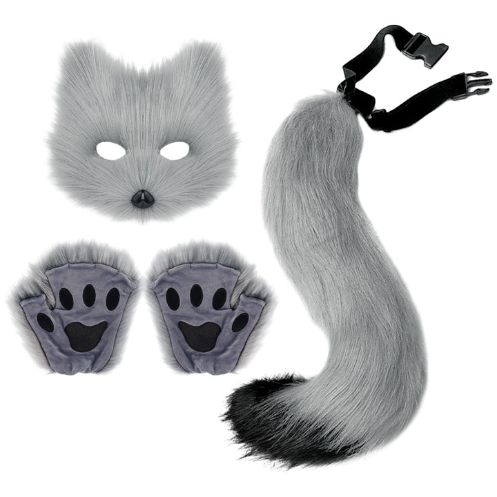 Fluffy faux Fox Tail Keychain Cat Paws Gloves And Wolf Therian Mask Set For Halloween Cosplay Costume Accessories Mask Image 4