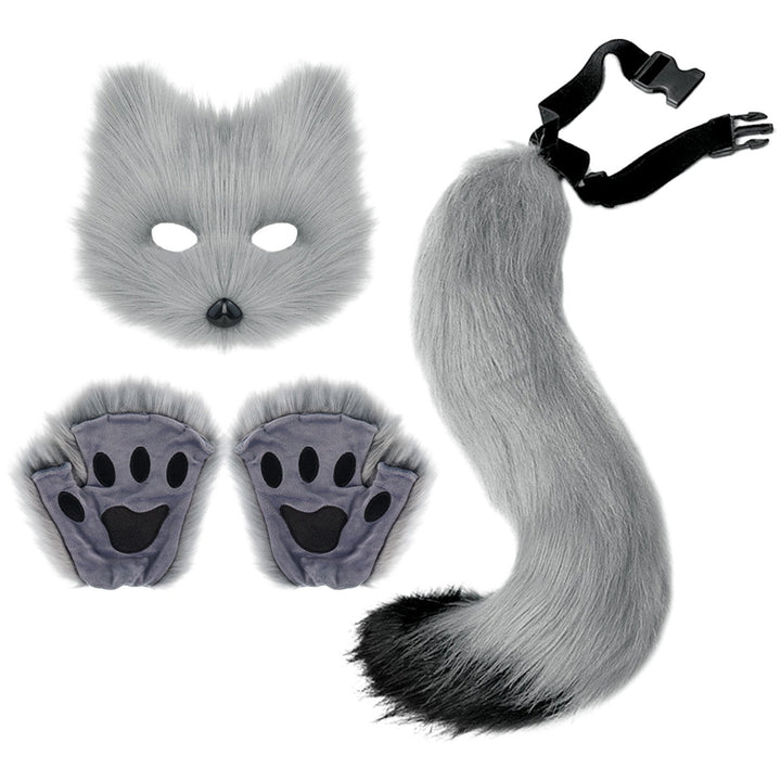 Fluffy faux Fox Tail Keychain Cat Paws Gloves And Wolf Therian Mask Set For Halloween Cosplay Costume Accessories Mask Image 1