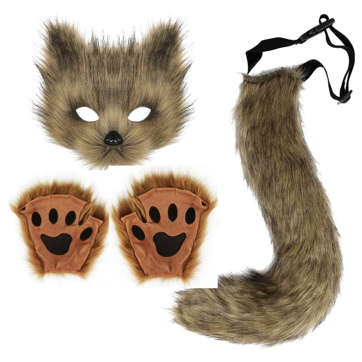 Fluffy faux Fox Tail Keychain Cat Paws Gloves And Wolf Therian Mask Set For Halloween Cosplay Costume Accessories Mask Image 6