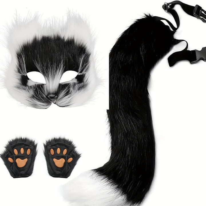 Fluffy faux Fox Tail Keychain Cat Paws Gloves And Wolf Therian Mask Set For Halloween Cosplay Costume Accessories Mask Image 7