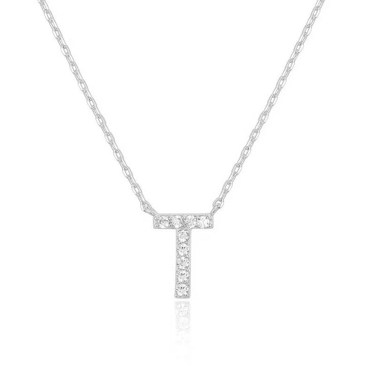 14k White Gold Created White Sapphire Initial T Letter Pendant Necklace Plated Image 1