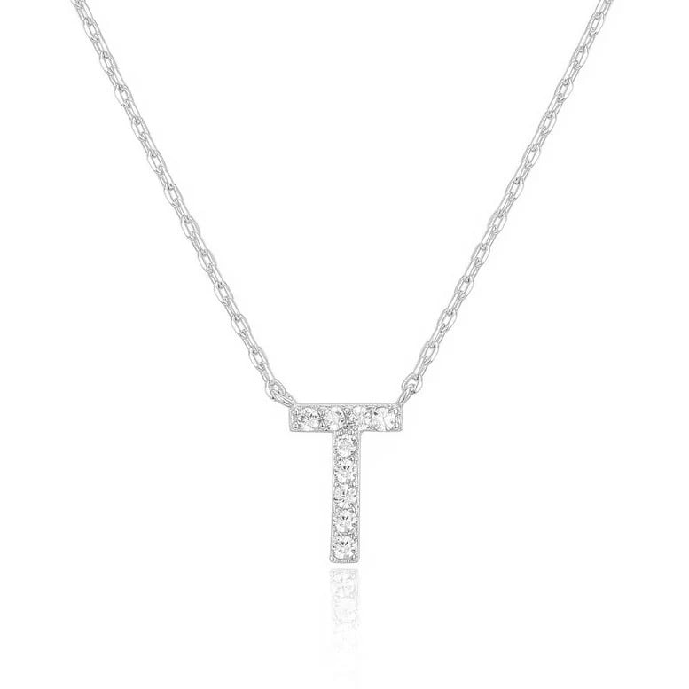 14k White Gold Created White Sapphire Initial T Letter Pendant Necklace Plated Image 1