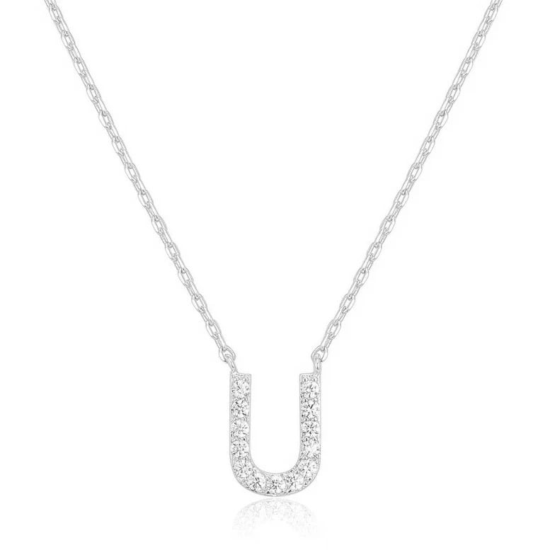 14k White Gold Created White Sapphire Initial U Letter Pendant Necklace Plated Image 1