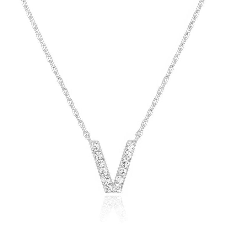 14k White Gold Created White Sapphire Initial V Letter Pendant Necklace Plated Image 1