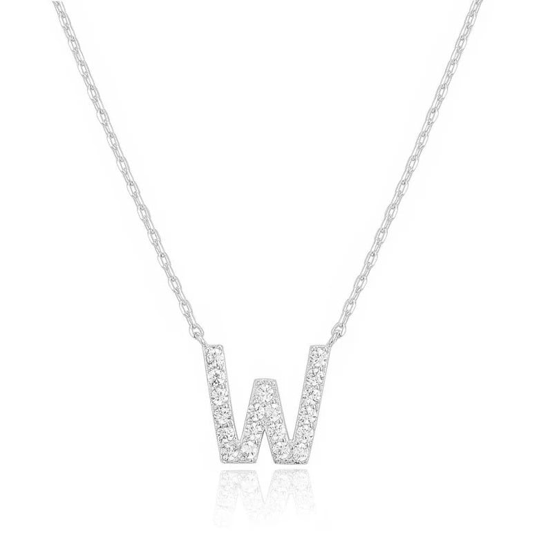 14k White Gold Created White Sapphire Initial W Letter Pendant Necklace Plated Image 1