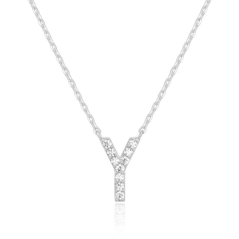 14k White Gold Created White Sapphire Initial Y Letter Pendant Necklace Plated Image 1