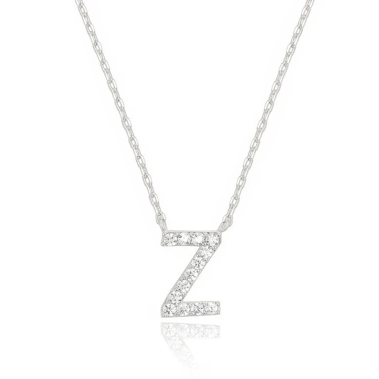 14k White Gold Created White Sapphire Initial Z Letter Pendant Necklace Plated Image 1