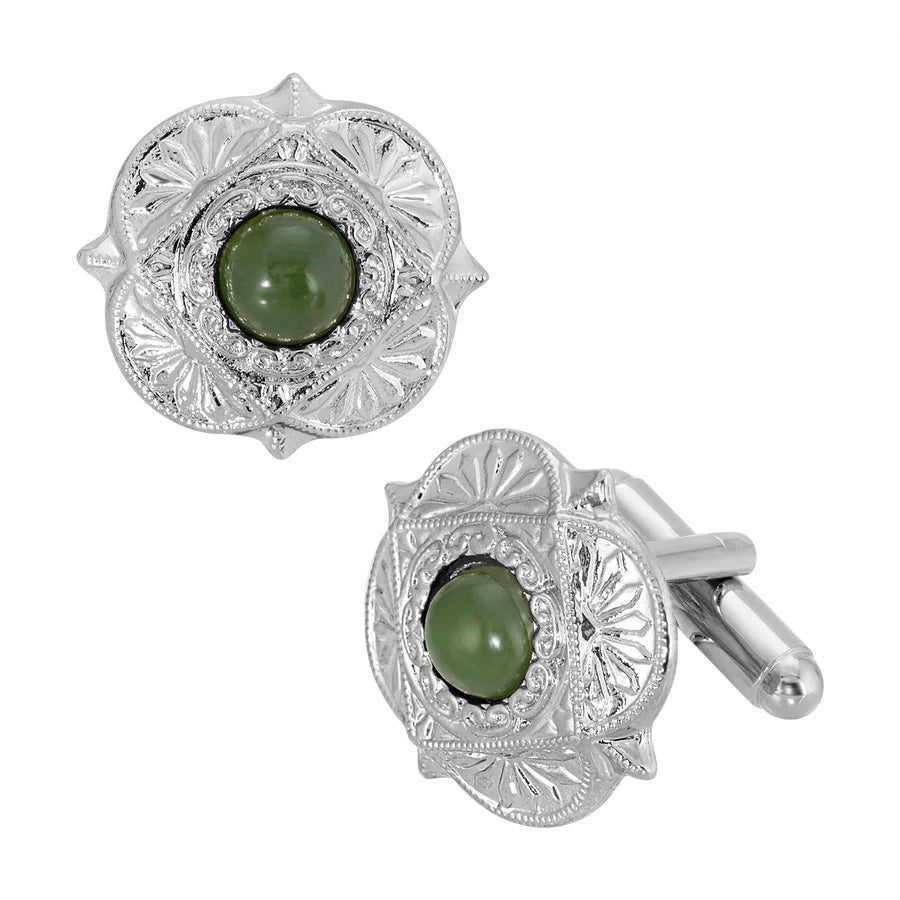 Mens Cufflinks Round Green Jade Gemstone Cuff Links Image 1