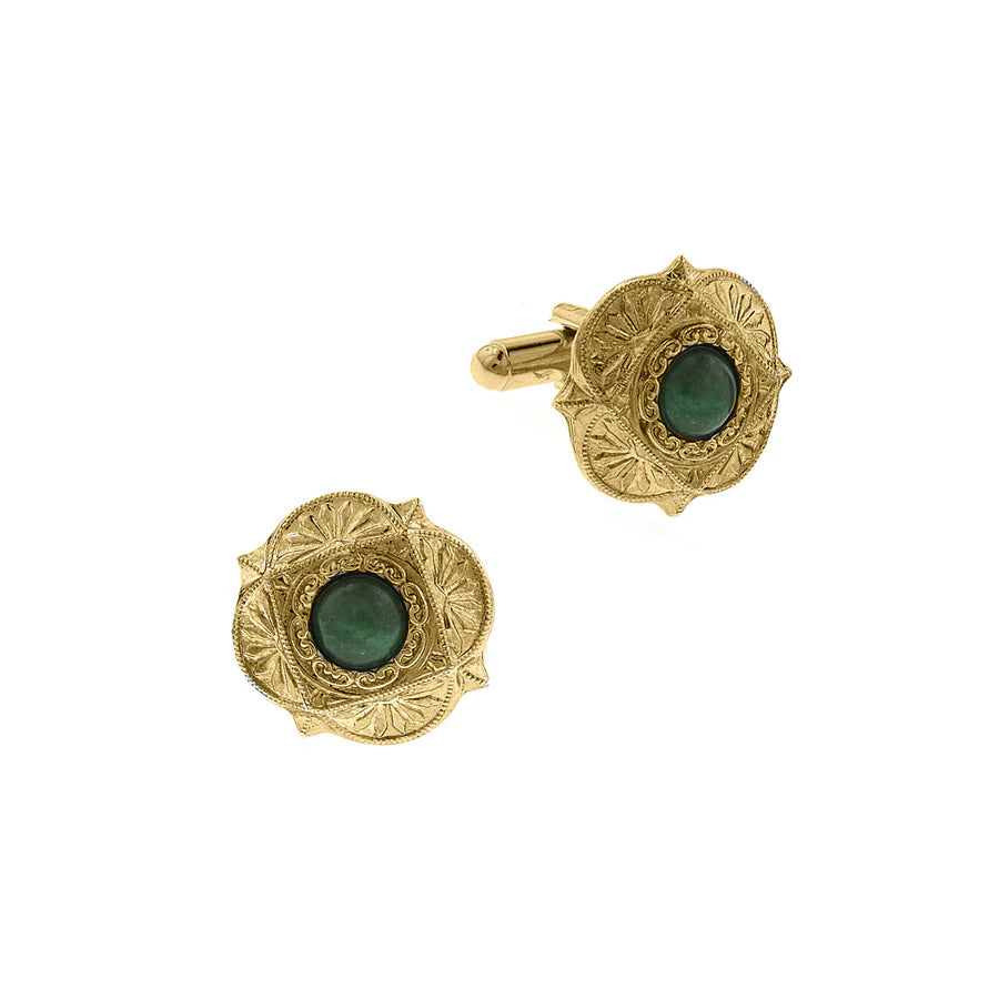 Mens Cufflinks Gold Green Stone Art Deco Style Semi Precious Cufflinks Image 1