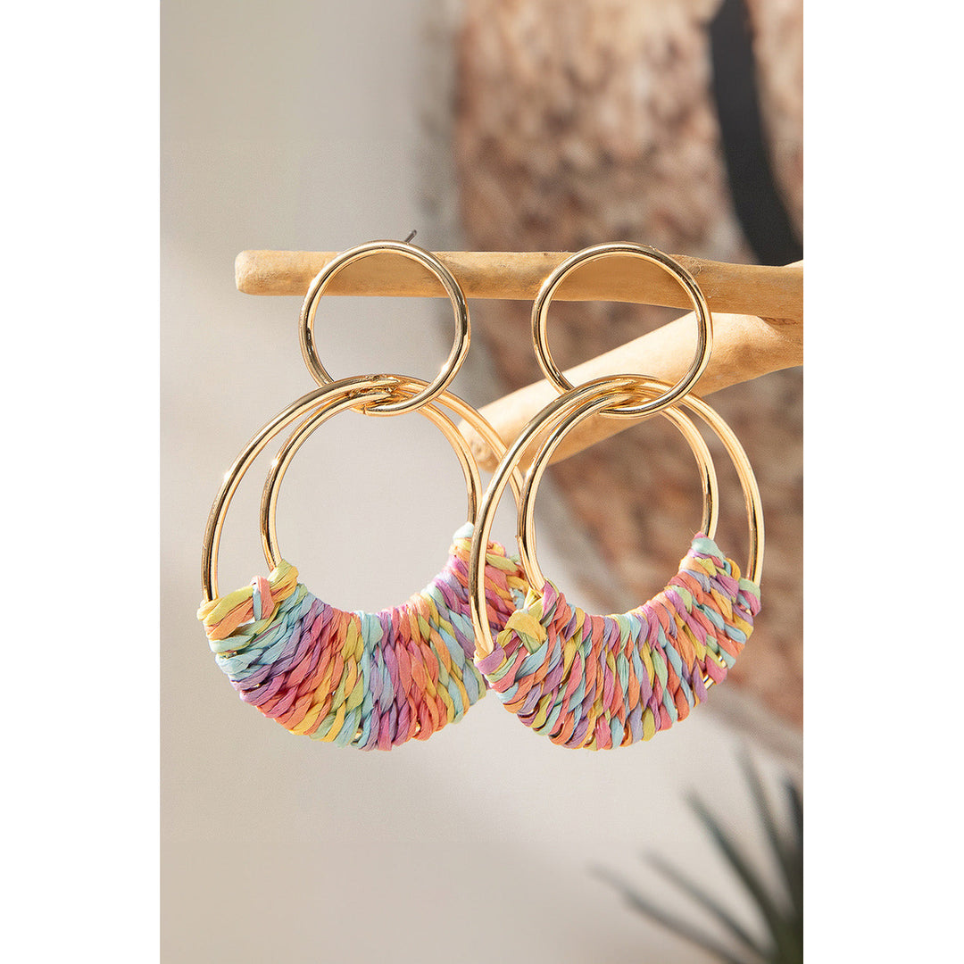 Pink Bohemian Woven Raffia Dangle Earrings Image 1