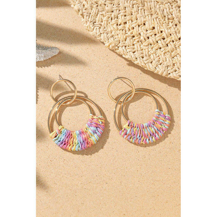 Pink Bohemian Woven Raffia Dangle Earrings Image 2