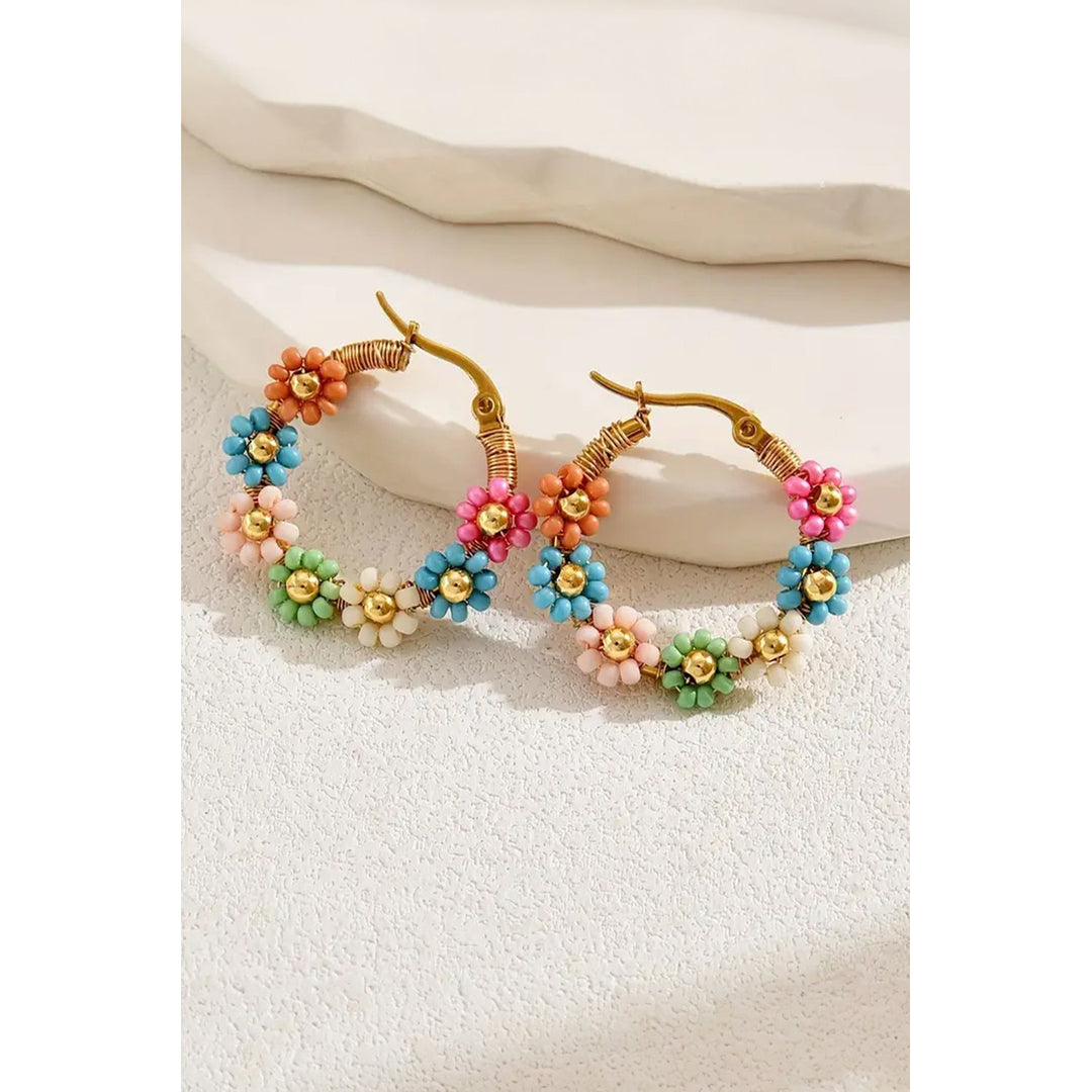 Pink Colorful Flower Hoop Earrings Image 2