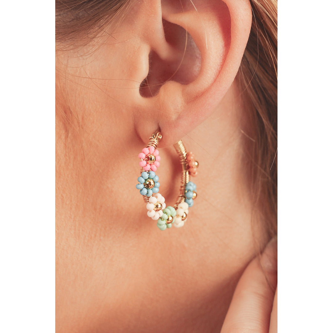 Pink Colorful Flower Hoop Earrings Image 8