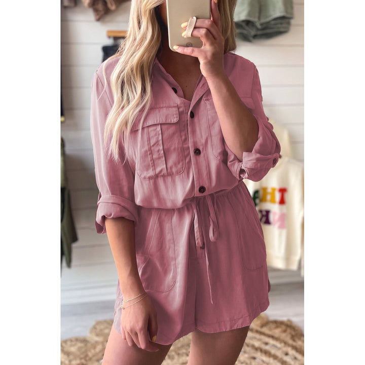 Reese Roll up Sleeve Flap Pockets Drawstring Romper Image 1