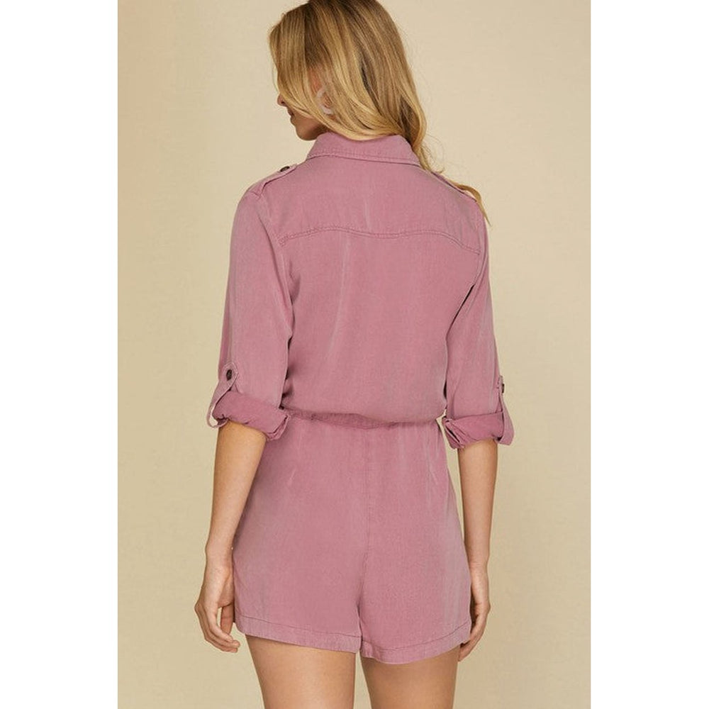 Reese Roll up Sleeve Flap Pockets Drawstring Romper Image 2