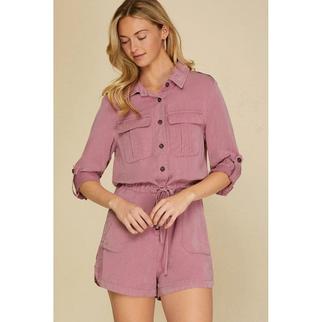 Reese Roll up Sleeve Flap Pockets Drawstring Romper Image 3