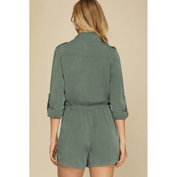 Reese Roll up Sleeve Flap Pockets Drawstring Romper Image 4