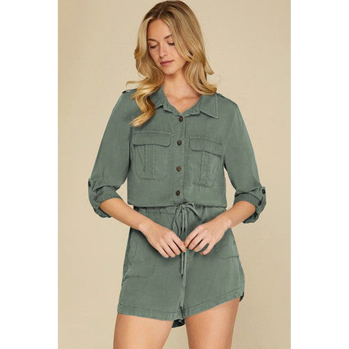 Reese Roll up Sleeve Flap Pockets Drawstring Romper Image 7