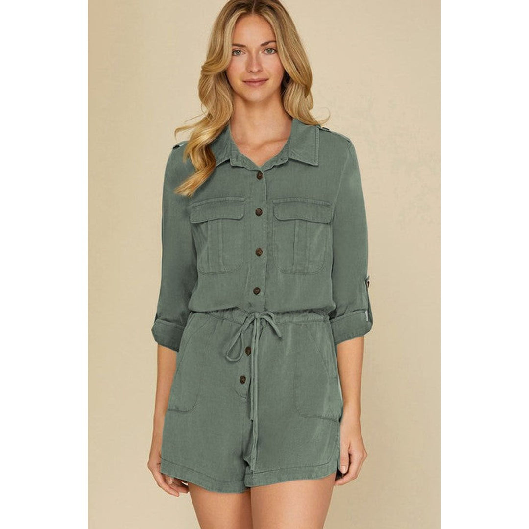 Reese Roll up Sleeve Flap Pockets Drawstring Romper Image 8