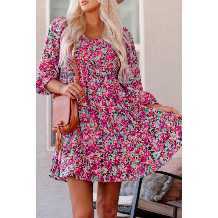 Mikaela Smocked V Neck Puffy Sleeve Floral Dress Image 1