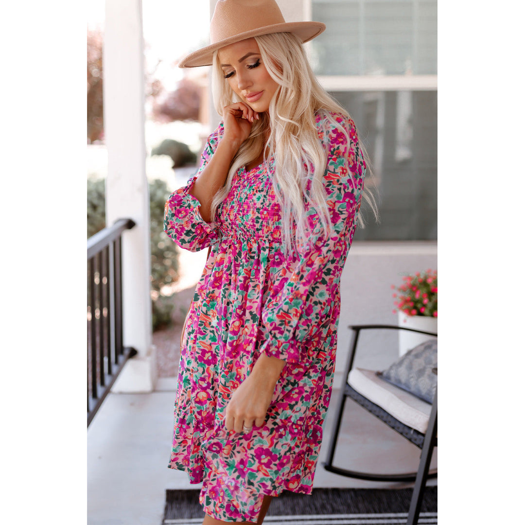 Mikaela Smocked V Neck Puffy Sleeve Floral Dress Image 3