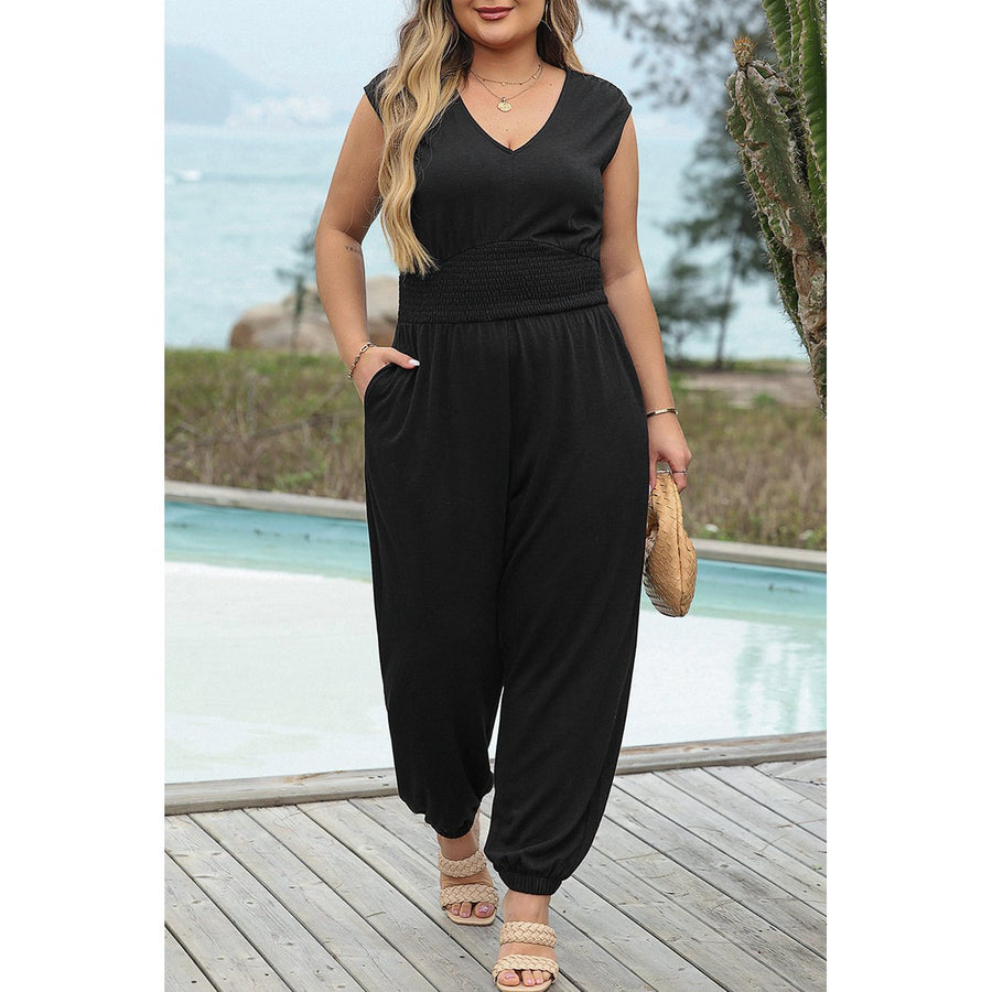 Novalee Plus Smocked High Waist Sleeveless V Neck Jumpsuit Image 1