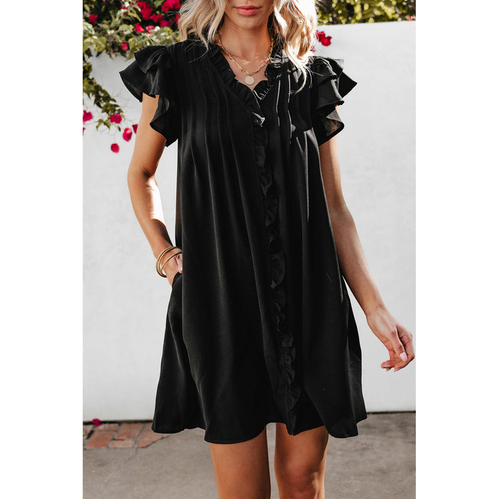 Pearl Ruffle Sleeve V Neck Frilled Shift Dress Image 1