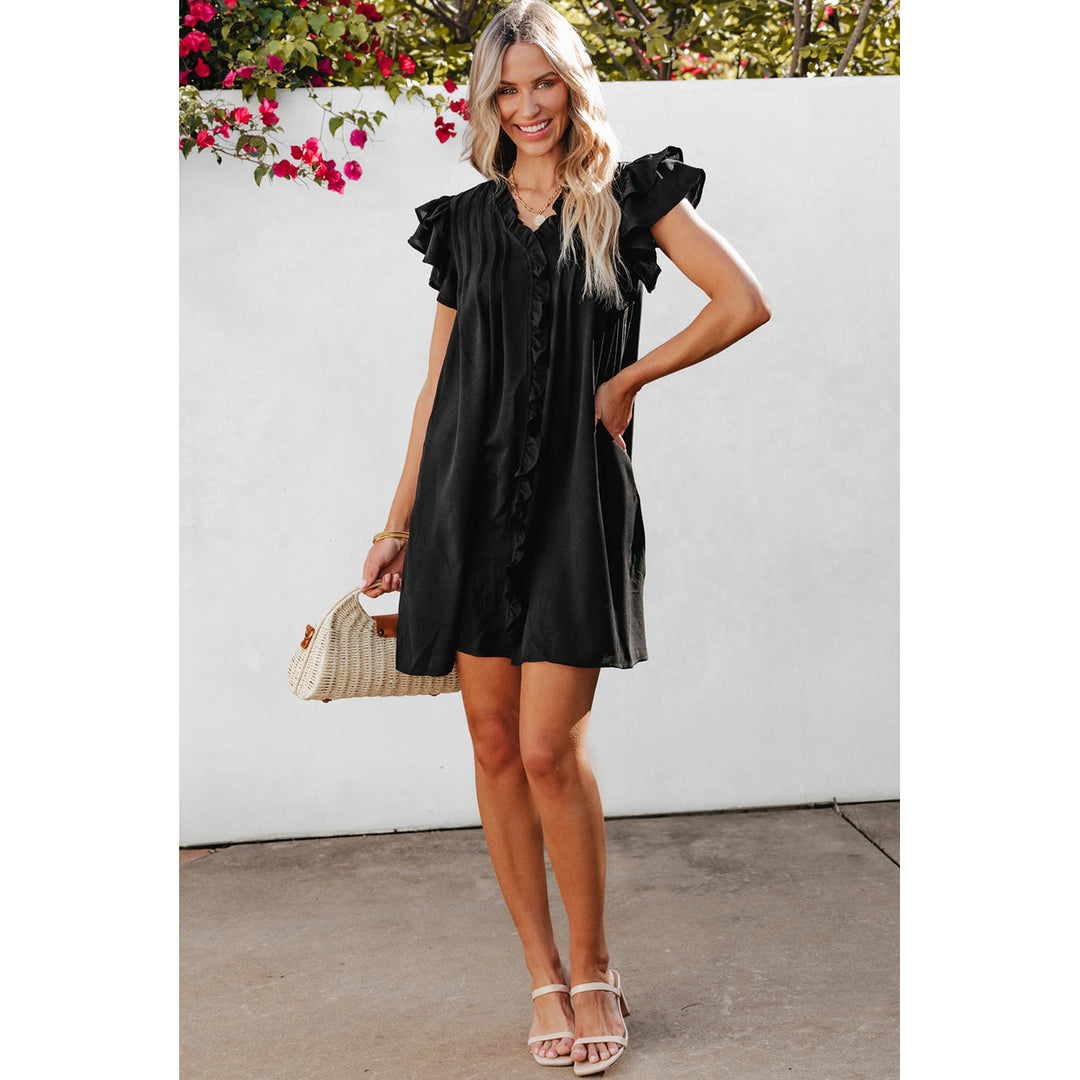 Pearl Ruffle Sleeve V Neck Frilled Shift Dress Image 9