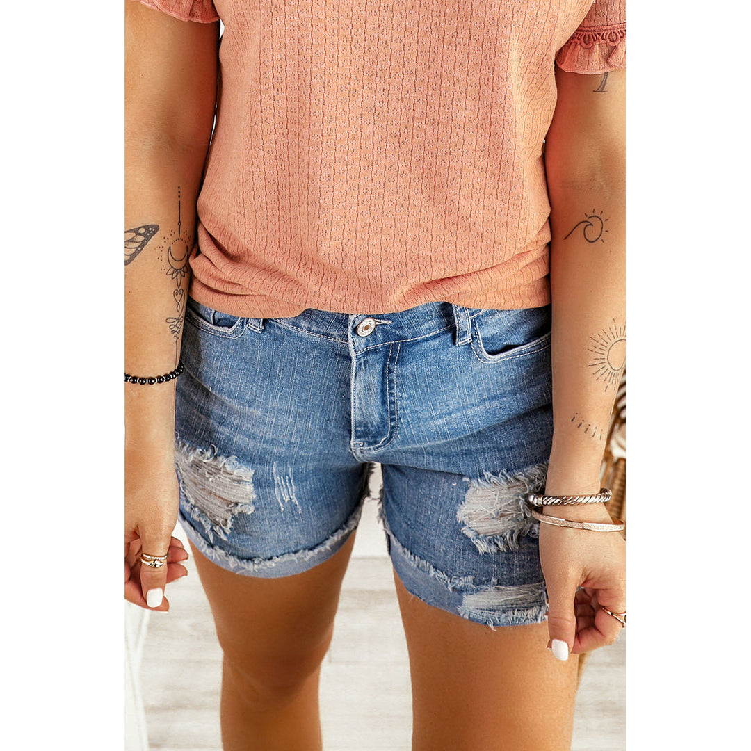 Lina Distressed Ripped Rolled Hem Sky Blue Denim Shorts Image 3