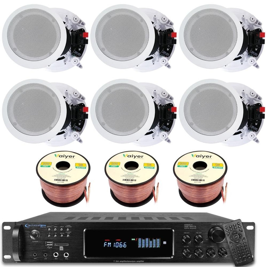 Home Theater System Kit 7.2 Ch. 1500W Bluetooth Amplifier 6x 8 Ceiling Speakers 300W Each 300ft Wire Remote Home/Office Image 1