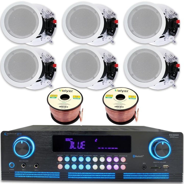 Home Theater System Kit - 2000W Bluetooth Amp 4x 8 Ceiling Speakers 300W Each 200ft Wire Remote - Living Image 1