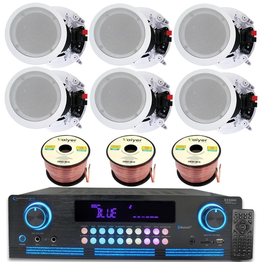 Home Theater System Kit - 2000W Bluetooth Amp 6x 8 Ceiling Speakers 300W Each 300ft Wire Remote - Image 1