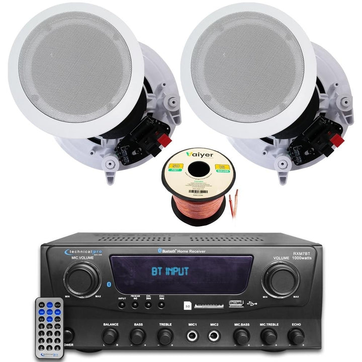 Home Theater Sound System Kit - 1000W Bluetooth Amp 2x 8" 300W Ceiling Speakers 50ft Wire Remote - Home/Office/Bar Image 1