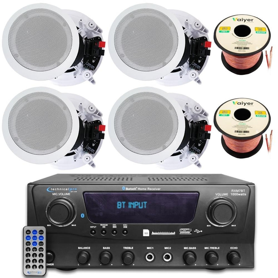 Home Theater Sound System Kit - 1000W Bluetooth Amp 4x 8" 300W Ceiling Speakers 100ft Wire Remote - Image 1