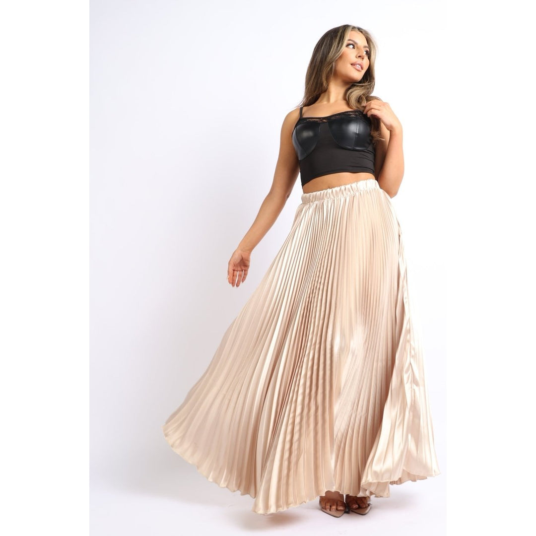 Elastic High Waist A-Line Pleated Satin Maxi Skirt Formal Prom TAUPE Image 1