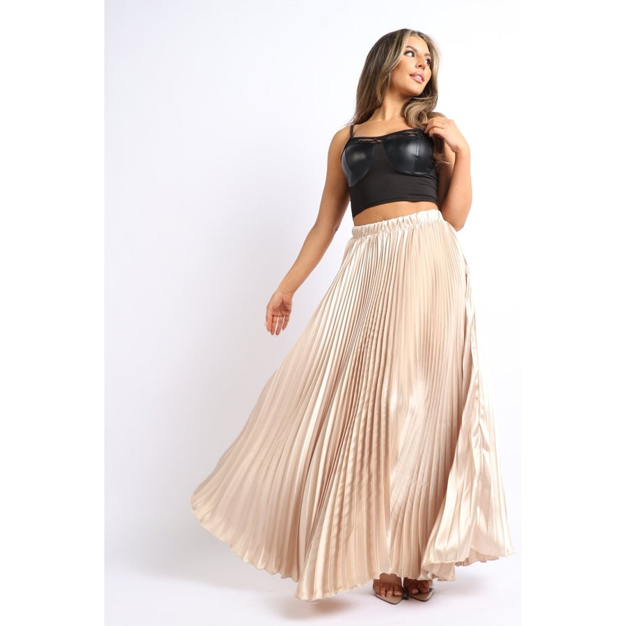 Elastic High Waist A-Line Pleated Satin Maxi Skirt Formal Prom TAUPE Image 1