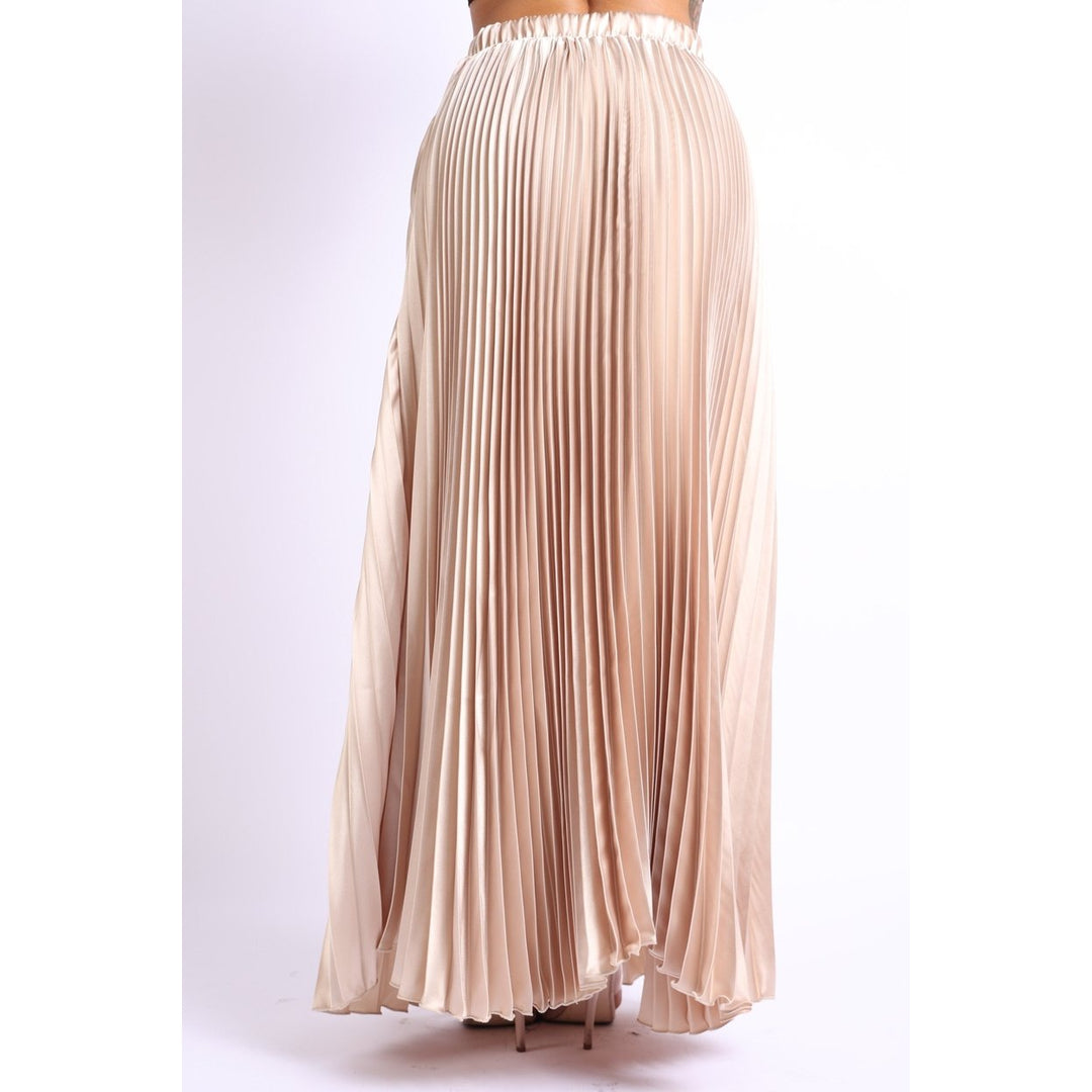 Elastic High Waist A-Line Pleated Satin Maxi Skirt Formal Prom TAUPE Image 3