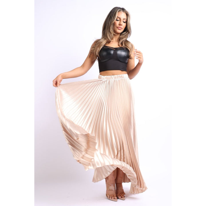 Elastic High Waist A-Line Pleated Satin Maxi Skirt Formal Prom TAUPE Image 4