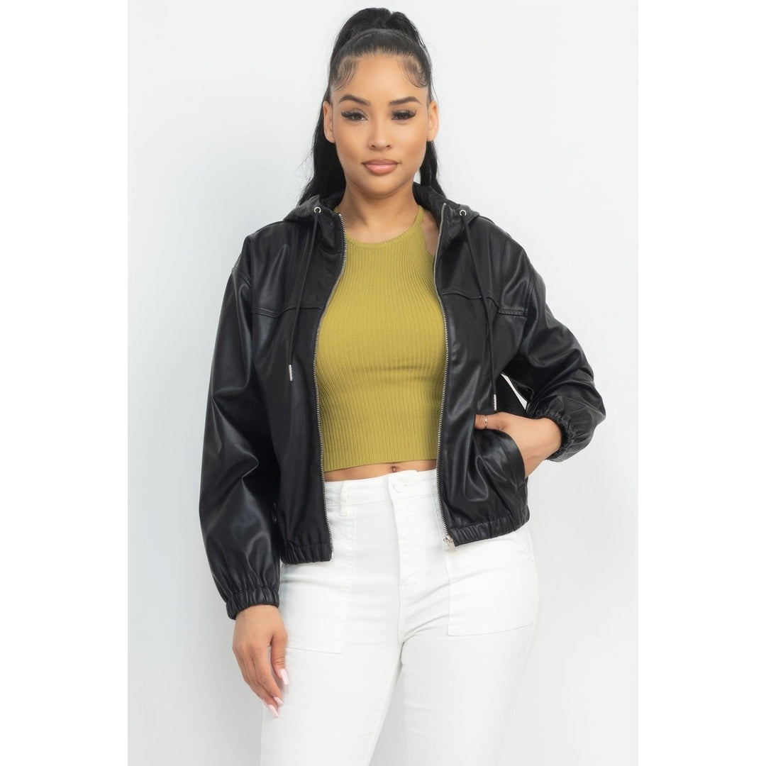 Faux Leather Hoodie Jacket Image 1