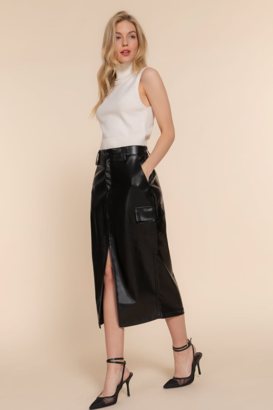 Faux Leather Midi Cargo Skirt Image 2