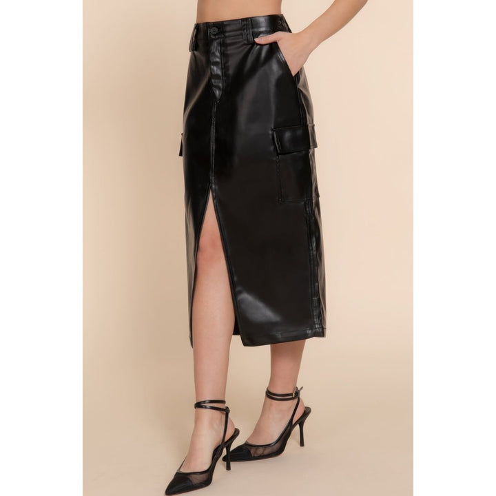 Faux Leather Midi Cargo Skirt Image 3